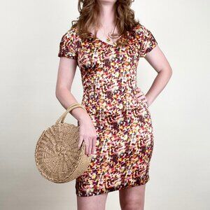 Vintage 100% Silk Kaleidoscope Multicolor Short Sleeve Mini Fitted Sheath Dress